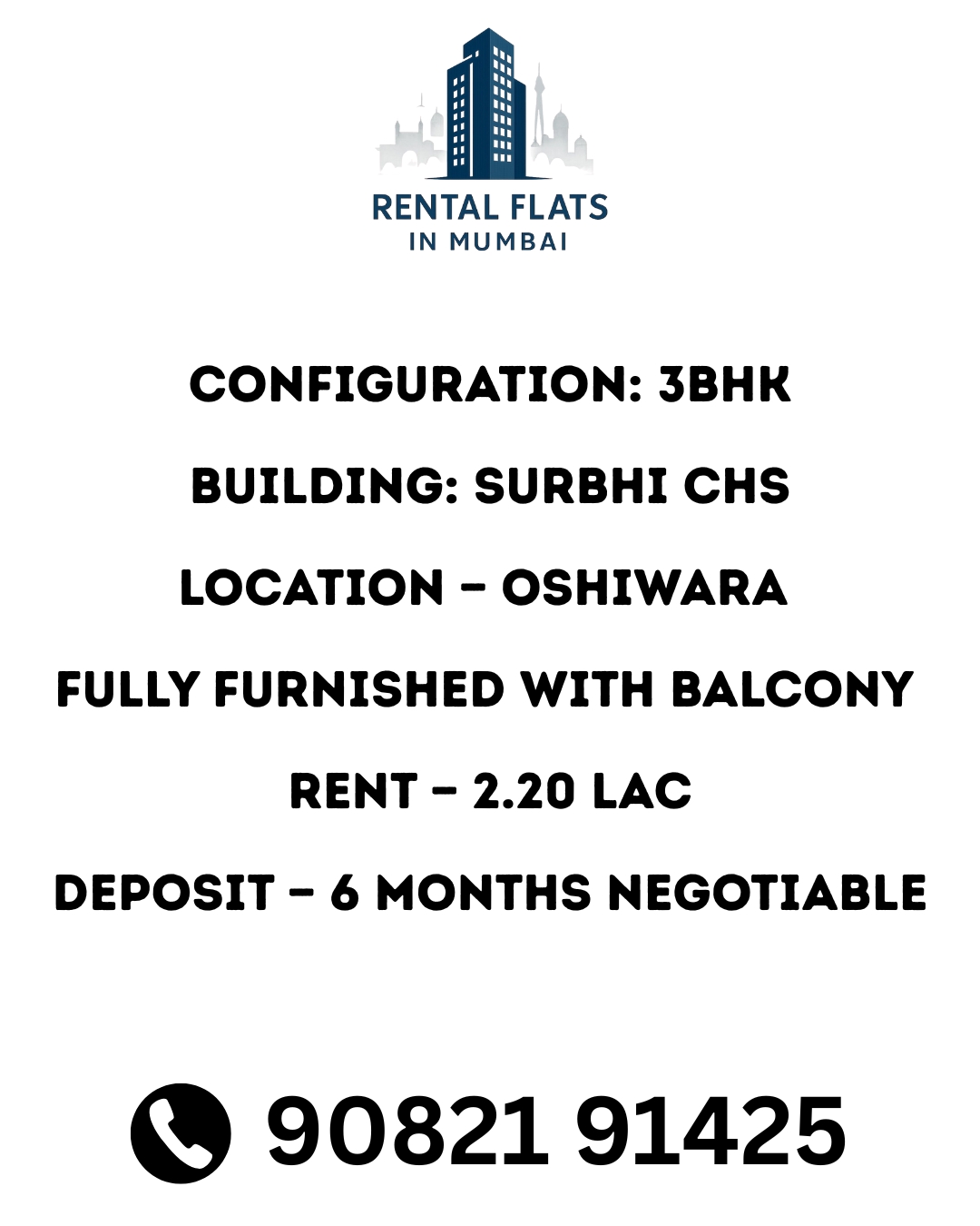 Available rental 3bhk surbhi chs location — oshiwara With balcony Fully furnished RENT —-2.20 lac Deposit —-6 months negotiable